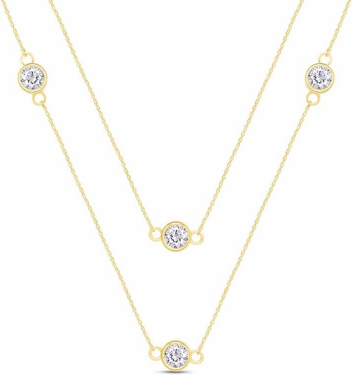 AFFY Sterling Silver Bezel Set Yard Station Chain Necklace Women 3MM Round Cubic Zirconia