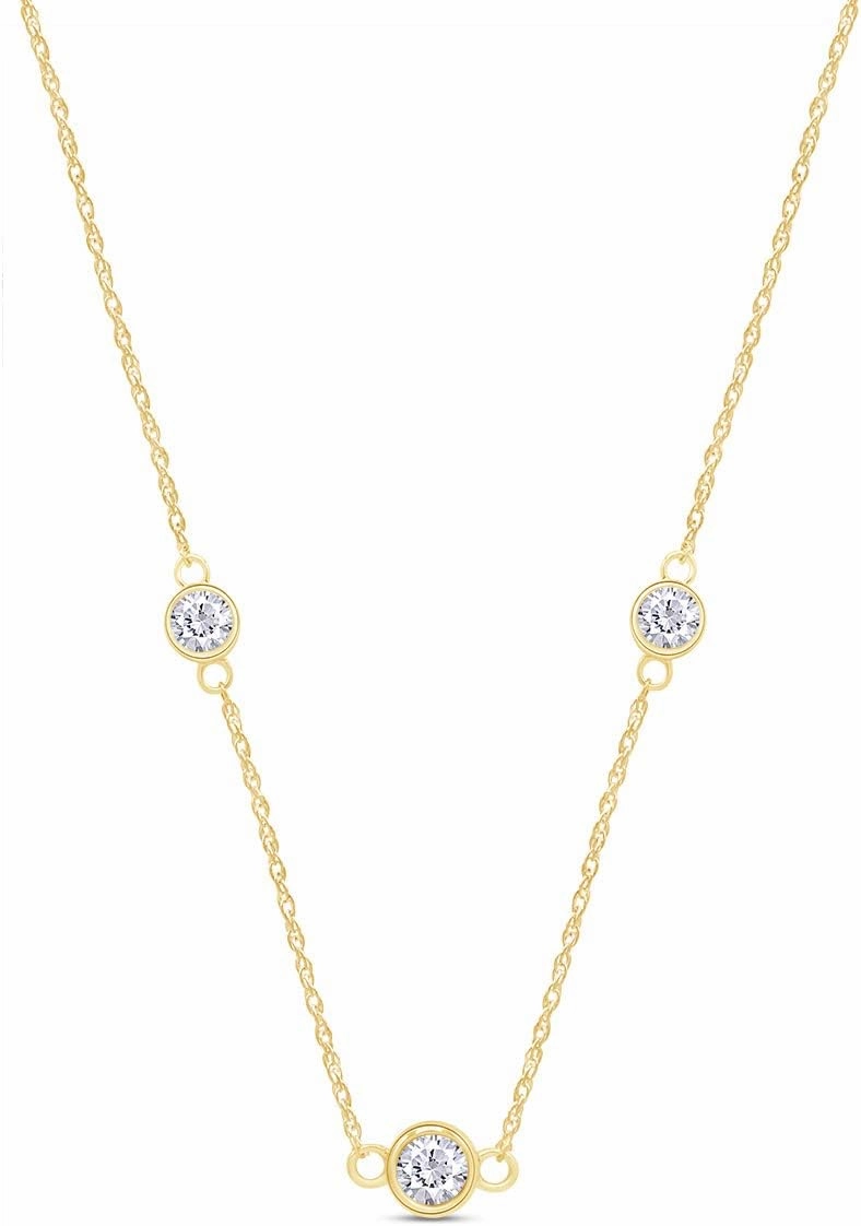 AFFY Sterling Silver Bezel Set Yard Station Chain Necklace Women 3MM Round Cubic Zirconia