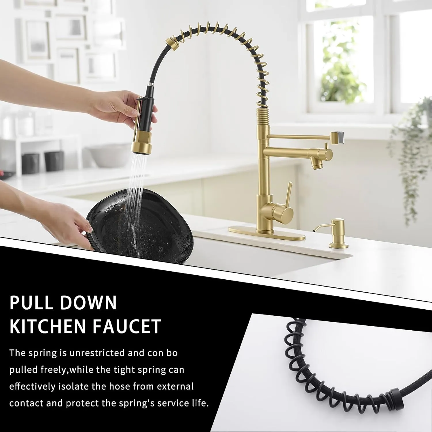AIMADI Gold Kitchen Faucet with Soap Dispenser,Commercial Single Handle Pull Down Kitchen Faucets with Sprayer,Brushed Gold