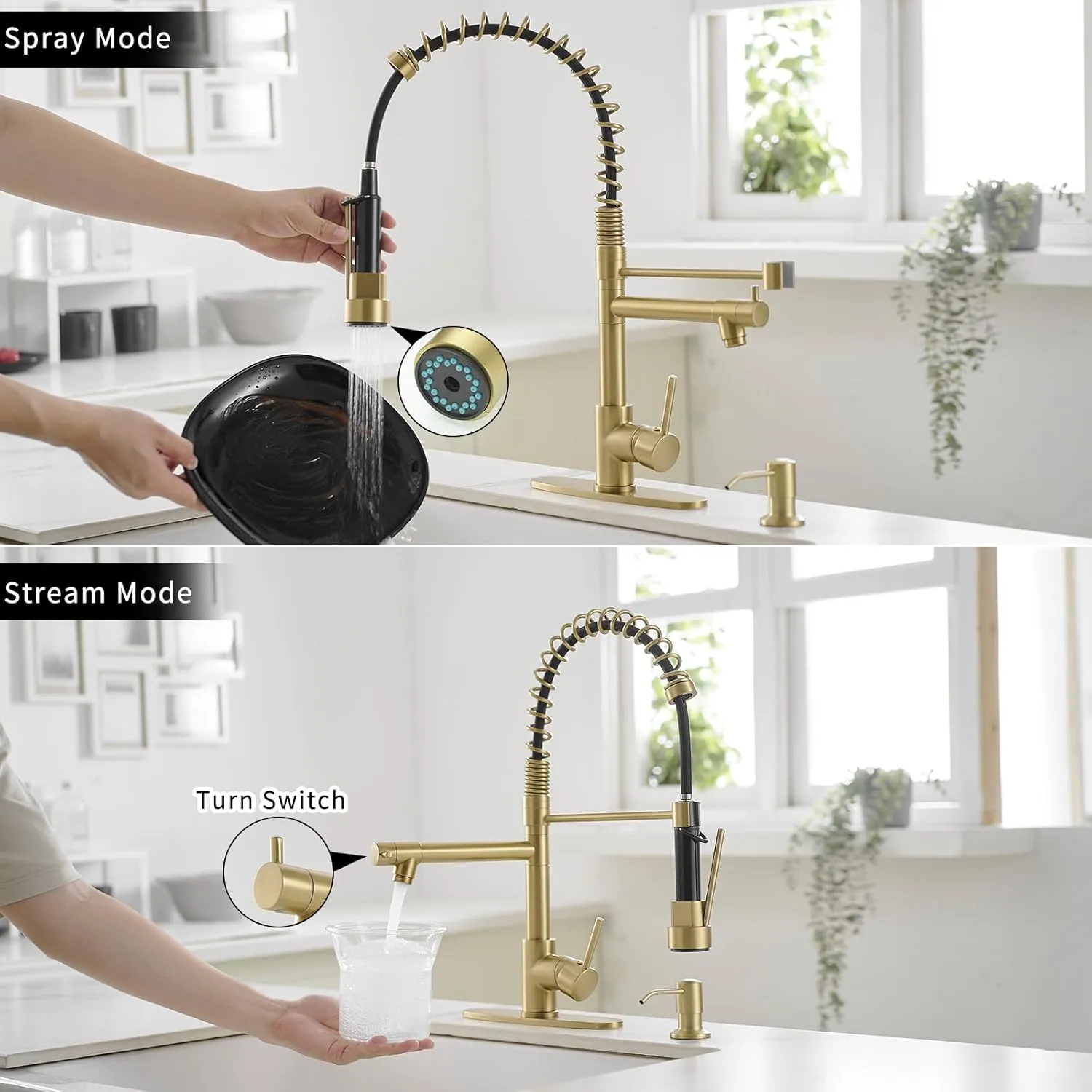 AIMADI Gold Kitchen Faucet with Soap Dispenser,Commercial Single Handle Pull Down Kitchen Faucets with Sprayer,Brushed Gold