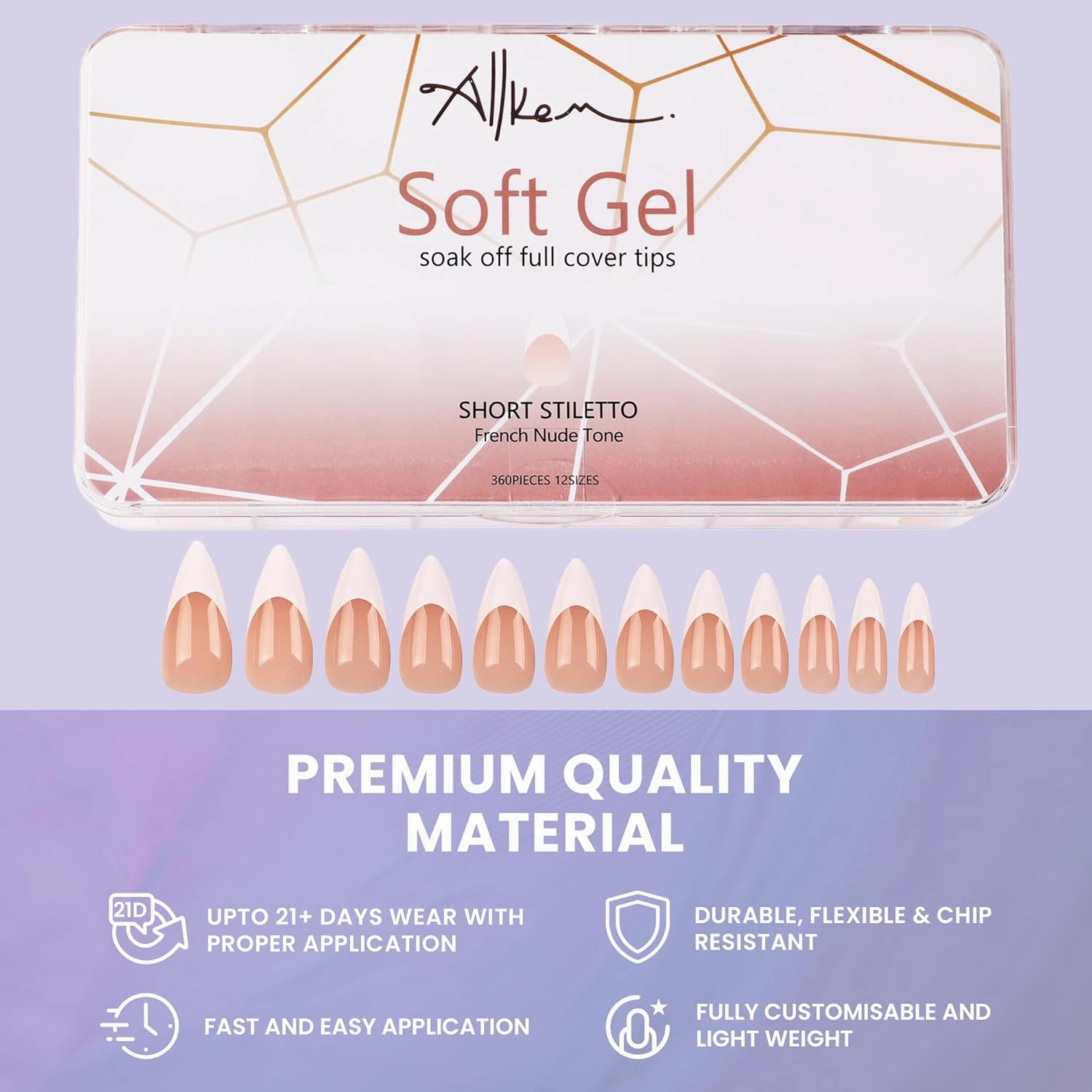 Allkem Soft Gel Nail Tips - Medium Short French Stiletto Nail Extensions Kit - 12 Sizes Short Full Cover Nails - Neutrals - Bold (360 Pieces)