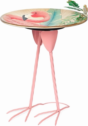 Alpine Corporation ORS876 Outdoor Metal Birdbath w/ Stylish Stand, Flamingo Pattern Birdbath Bowl and Stand, 23"H, Pink/Blue
