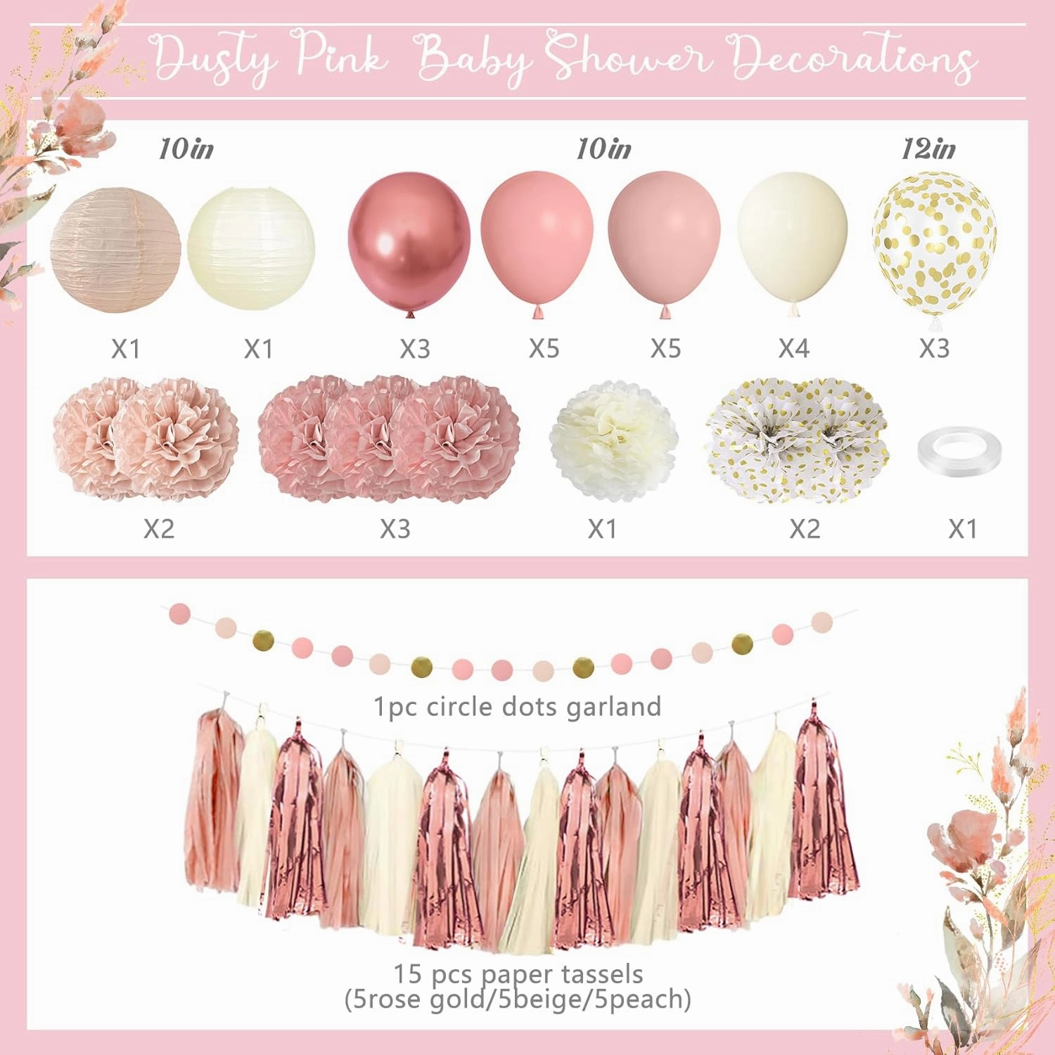 Amandir Dusty Pink Girl Baby Shower Decorations Welcome Baby Banner, Cake Topper, Paper Lanterns, Gold Balloons Pom Poms Flowers Tassels, Circle Dots Star Garland Gender Reveal Birthday Party Supplies