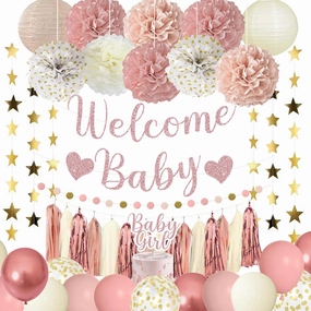 Amandir Dusty Pink Girl Baby Shower Decorations Welcome Baby Banner, Cake Topper, Paper Lanterns, Gold Balloons Pom Poms Flowers Tassels, Circle Dots Star Garland Gender Reveal Birthday Party Supplies