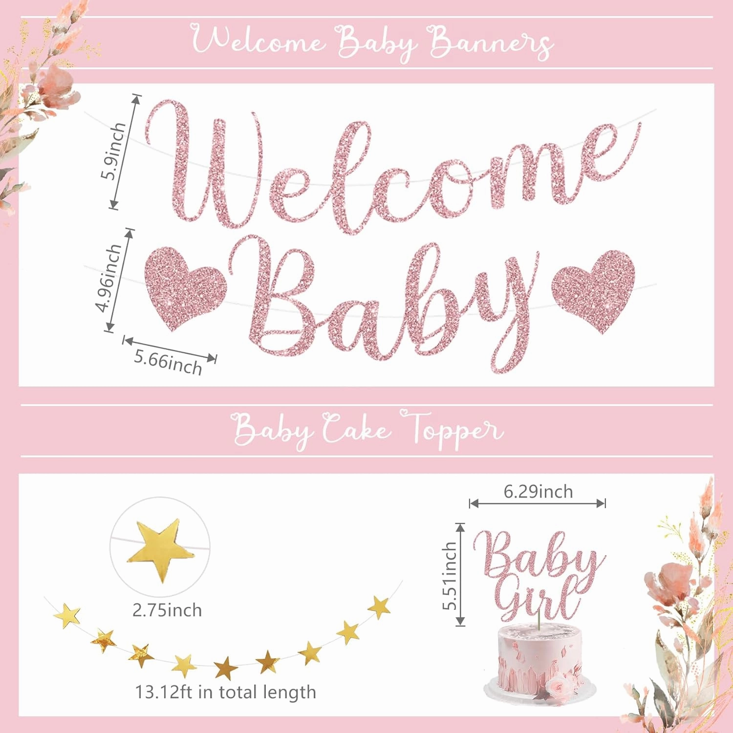 Amandir Dusty Pink Girl Baby Shower Decorations Welcome Baby Banner, Cake Topper, Paper Lanterns, Gold Balloons Pom Poms Flowers Tassels, Circle Dots Star Garland Gender Reveal Birthday Party Supplies