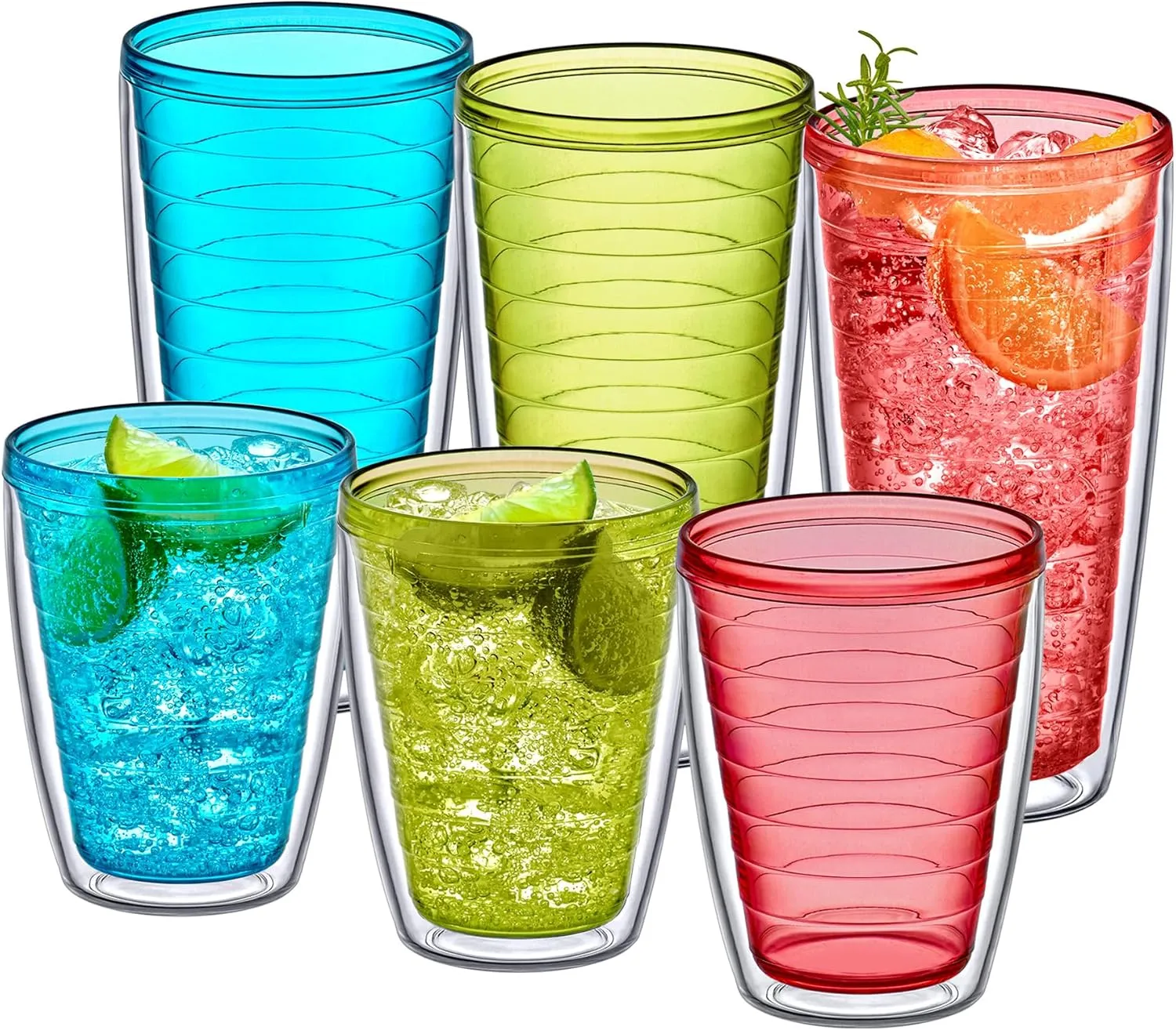 Amazing Abby - Alaska - 16-Ounce and 24-Ounce Insulated Plastic Tumblers (Set of 6), Double-Wall Plastic Drinking Glasses, Mixed-Color Reusable Plastic Cups, BPA-Free, Shatter-Proof, Dishwasher-Safe