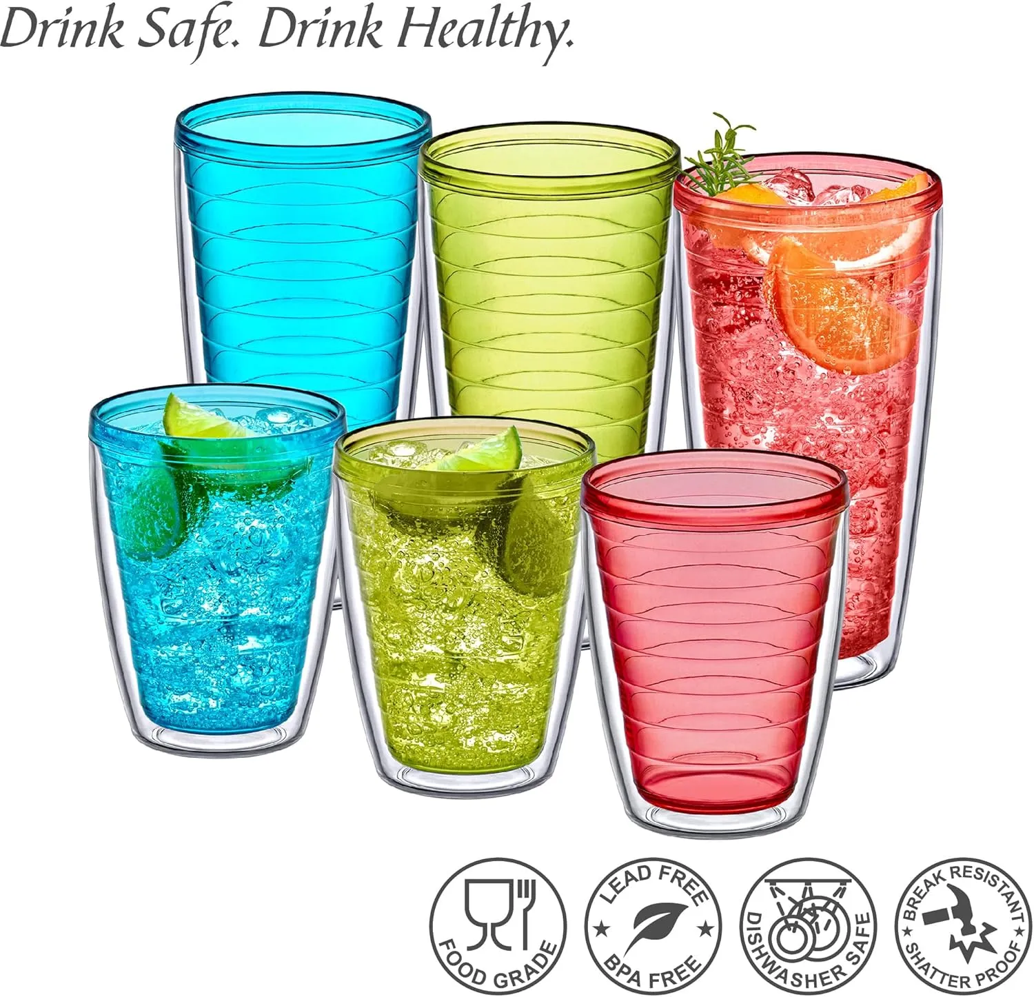 Amazing Abby - Alaska - 16-Ounce and 24-Ounce Insulated Plastic Tumblers (Set of 6), Double-Wall Plastic Drinking Glasses, Mixed-Color Reusable Plastic Cups, BPA-Free, Shatter-Proof, Dishwasher-Safe