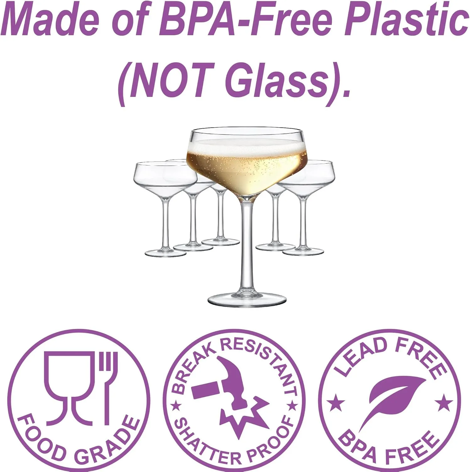Amazing Abby - Courtney - 12-Ounce Plastic Coupe Glasses (Set of 6), Martini Glasses, Champagne Saucers, Reusable, BPA-Free, Shatter-Proof, Dishwasher-Safe, Perfect for Poolside, Outdoors, and More