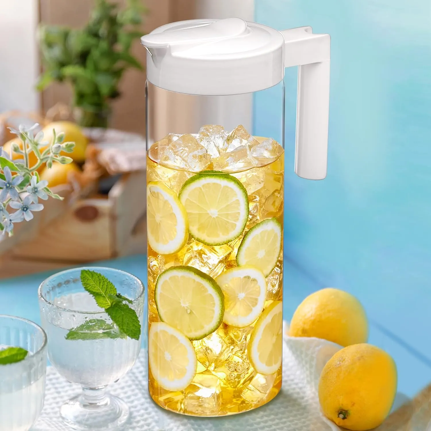 Amazing Abby - Skinny - Tritan Pitcher (64 oz), Unbreakable Plastic Water Pitcher with Lid, BPA-Free, Heat-Resistant, Dishwasher-Safe, Great for Both Iced and Hot Drinks, Indoors and Outdoors, White