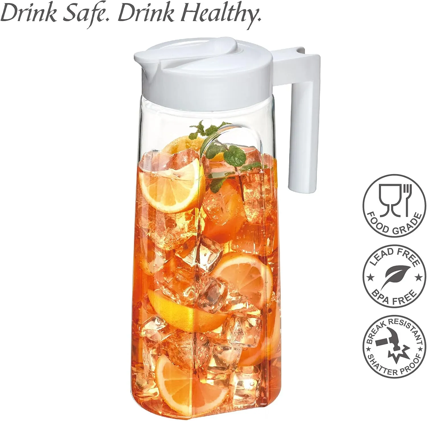 Amazing Abby - Slim - Tritan Pitcher (64 oz), Unbreakable Plastic Water Pitcher with Lid, BPA-Free, Heat-Resistant, Dishwasher-Safe, Great for Both Iced and Hot Drinks, Indoors and Outdoors, White