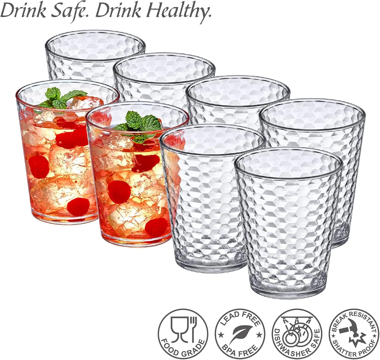 Amazing Abby - Snowflake - 16-Ounce Plastic Tumblers (Set of 8), Clear Reusable Plastic Drinking Glasses, Stackable, BPA-Free, Shatter-Proof, Dishwasher-Safe