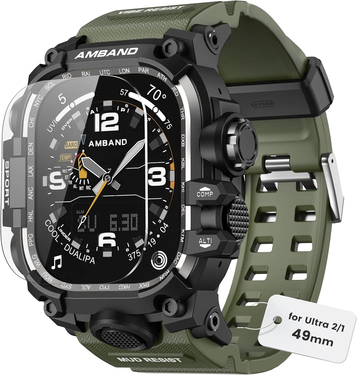 amBand for Apple Watch Ultra 2/1 Case, M3 Tactical Shockproof Band with Screen Protector for iWatch 49mm, Perfect Accessories for Fitness/Outdoor Enthusiasts Military Fans Fashion Seekers - Army Green