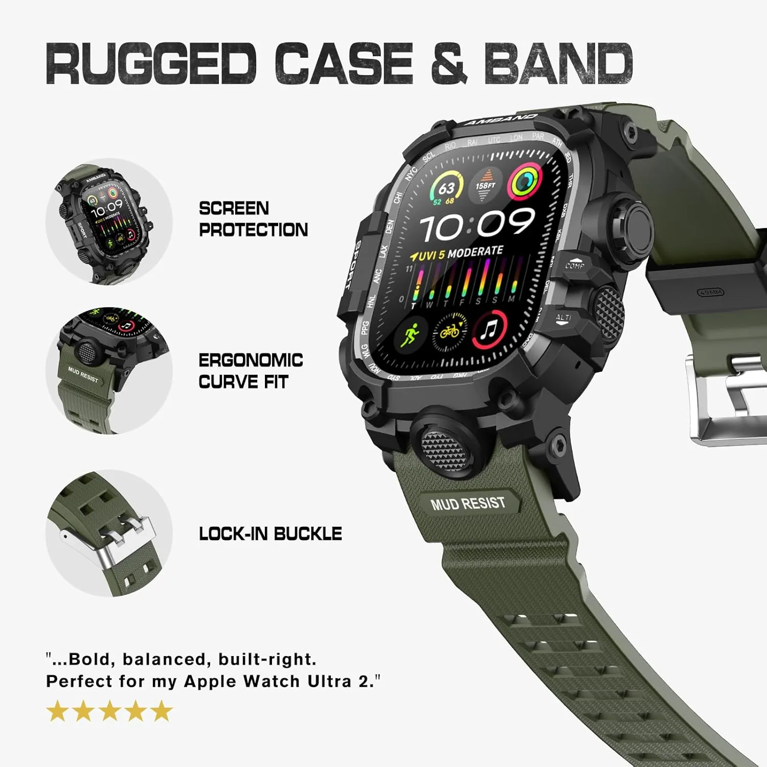 amBand for Apple Watch Ultra 2/1 Case, M3 Tactical Shockproof Band with Screen Protector for iWatch 49mm, Perfect Accessories for Fitness/Outdoor Enthusiasts Military Fans Fashion Seekers - Army Green