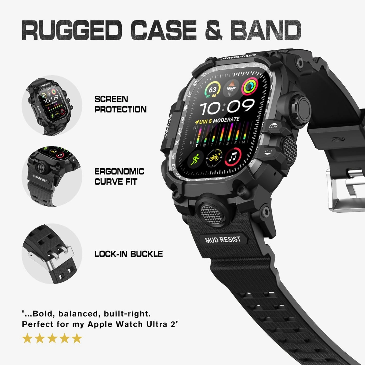 amBand Compatible with Apple Watch Ultra 2/1 Bands Case 49mm for Men, M3 Rugged Cover Military Sport Strap Screen Protector, Fathers Day Dad Gifts Heavy Duty Protective Bumper for iWatch - Matte Black
