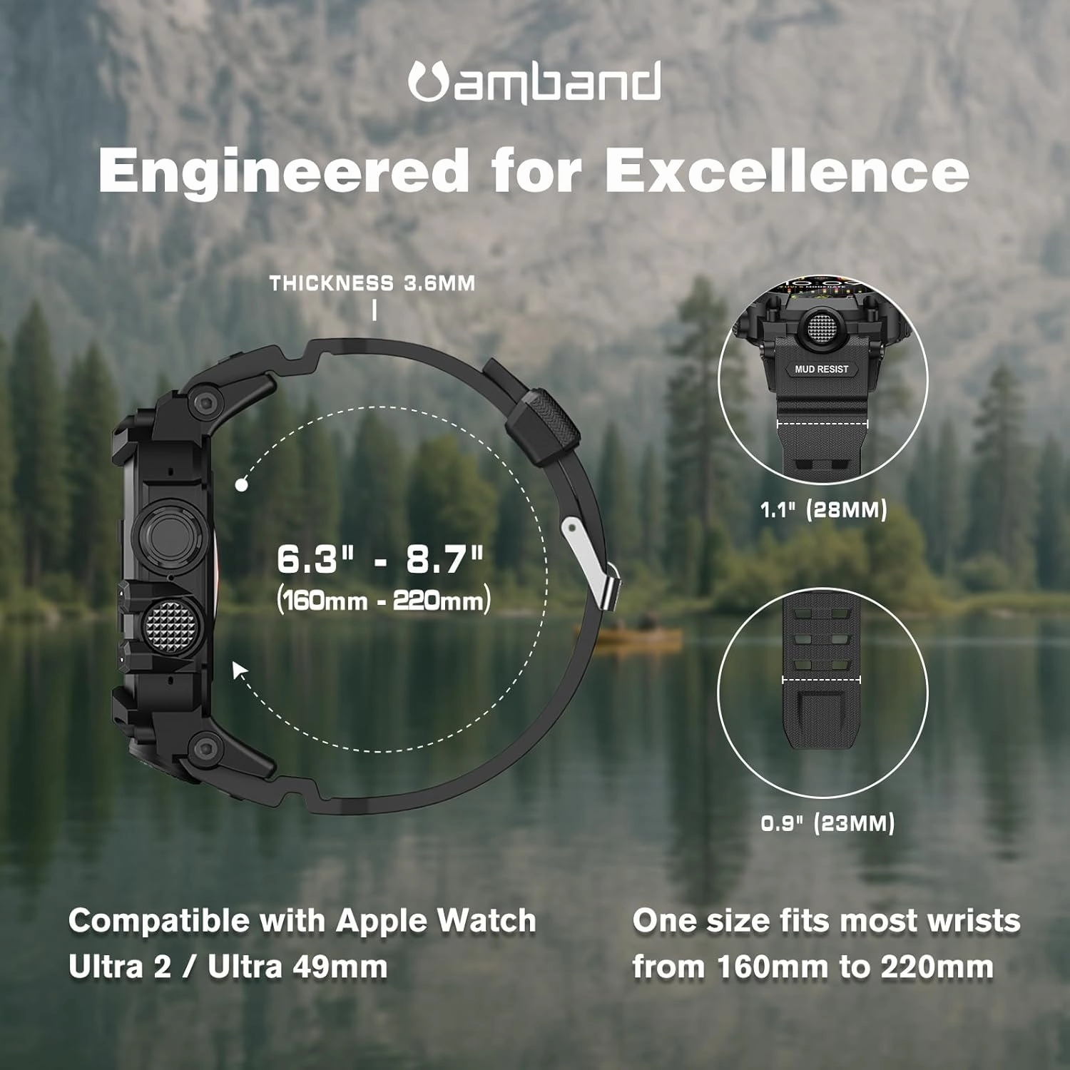 amBand Compatible with Apple Watch Ultra 2/1 Bands Case 49mm for Men, M3 Rugged Cover Military Sport Strap Screen Protector, Fathers Day Dad Gifts Heavy Duty Protective Bumper for iWatch - Matte Black