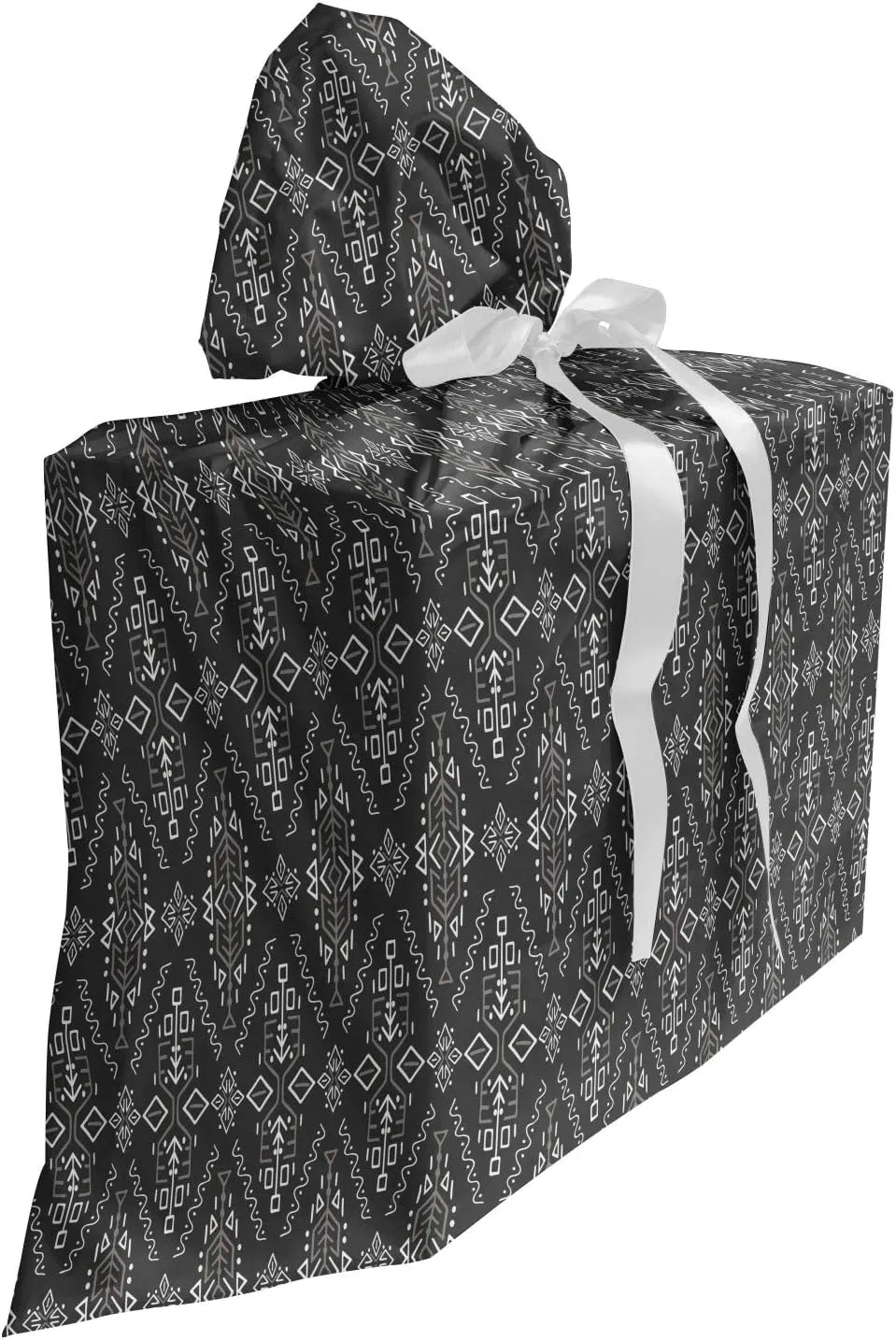 Ambesonne Abstract Gift Bag, Rhythmic African Style Ethnic Motif and Lines Arrangement Illustration Print, Fabric Party Favor Pouch with 3 Ribbons, 27, Dark Grey White