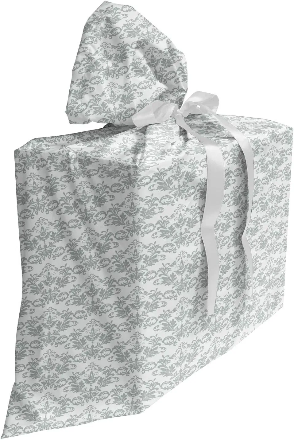 Ambesonne Abstract Gift Bag, Rhythmic Pattern of Chandelier Like Damask Motifs on Plain Backdrop, Fabric Party Favor Pouch with 3 Ribbons, 27, White Pale Sage Green
