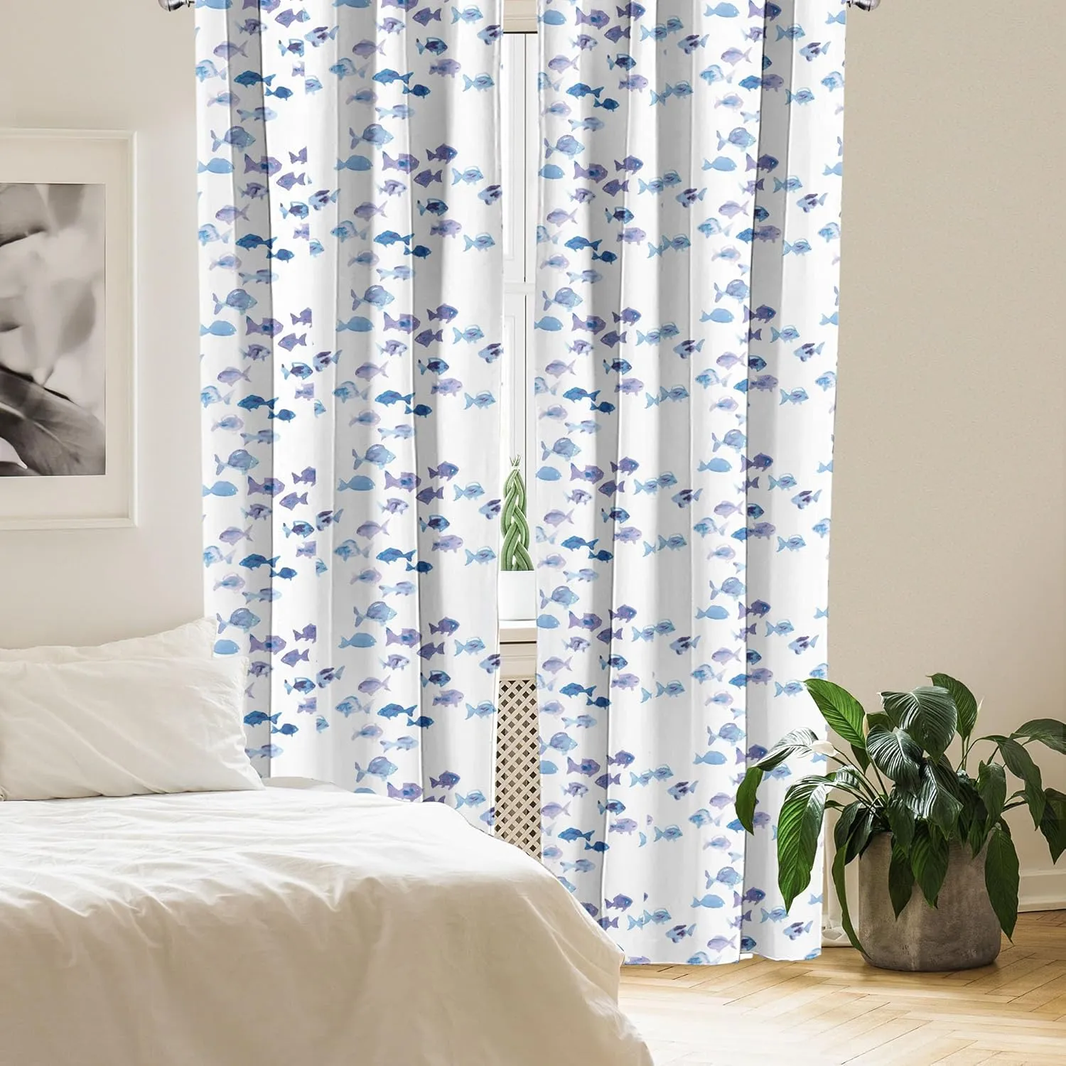 Ambesonne Animal Window Curtains, Little Fishes Watercolors Ocean Underwater Life Marine Theme Art, Lightweight Decor 2-Panel Set with Rod Pocket, Pair of - 28" x 84", Blue