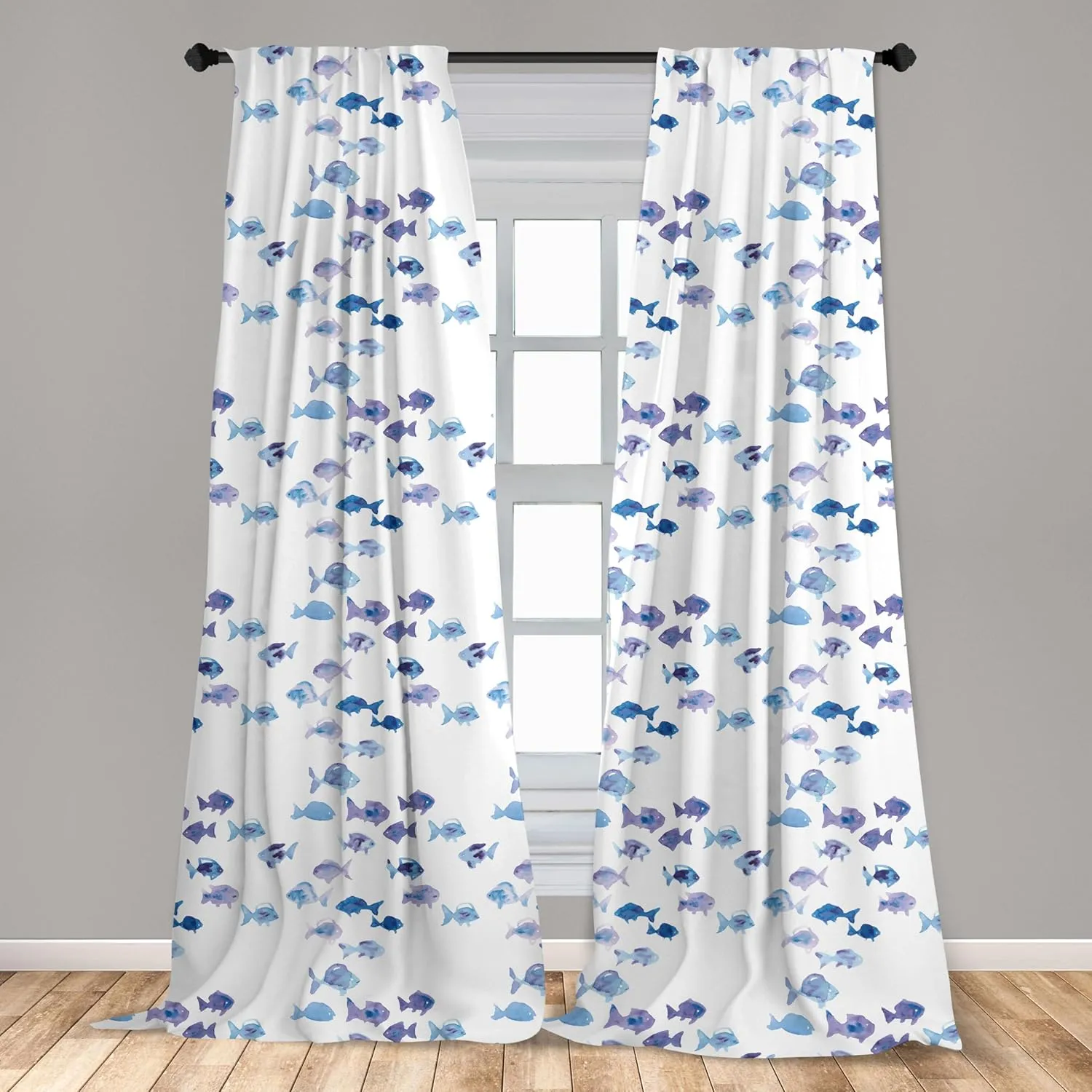 Ambesonne Animal Window Curtains, Little Fishes Watercolors Ocean Underwater Life Marine Theme Art, Lightweight Decor 2-Panel Set with Rod Pocket, Pair of - 28" x 84", Blue