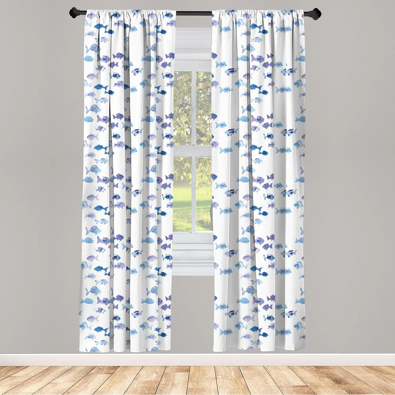 Ambesonne Animal Window Curtains, Little Fishes Watercolors Ocean Underwater Life Marine Theme Art, Lightweight Decor 2-Panel Set with Rod Pocket, Pair of - 28" x 84", Blue