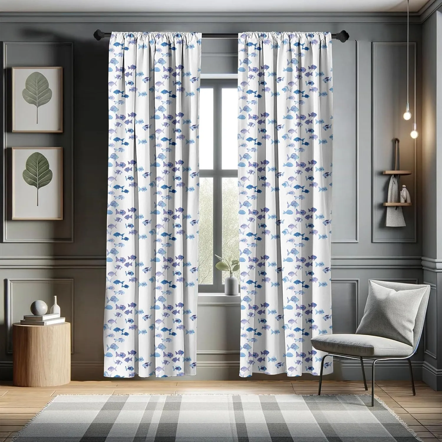 Ambesonne Animal Window Curtains, Little Fishes Watercolors Ocean Underwater Life Marine Theme Art, Lightweight Decor 2-Panel Set with Rod Pocket, Pair of - 28" x 84", Blue