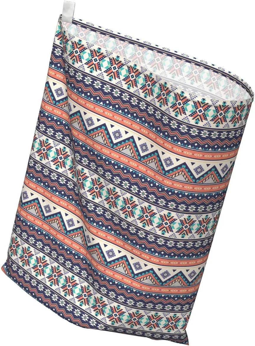 Ambesonne Aztec Gift Bag, Cultural Design of Horizontal Zigzags and Lines, Fabric Party Favor Pouch with 3 Ribbons, 27, Salmon Night Blue Tan