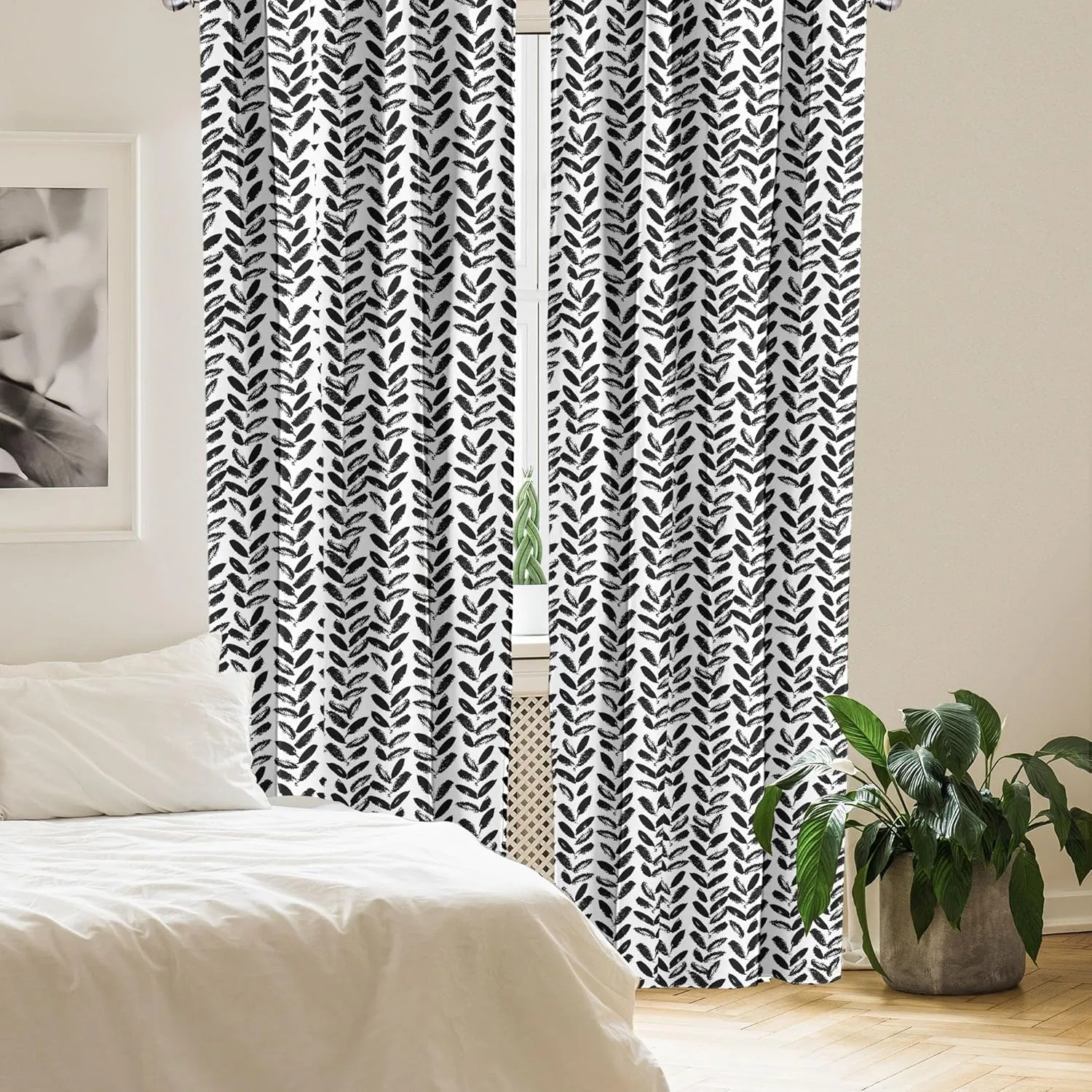 Ambesonne Black and White Window Curtains, Modern Grunge Botany Motif Monochrome Brush Paint Style Strokes, Lightweight Decor 2-Panel Set with Rod Pocket, Pair of - 28" x 63", White and Black