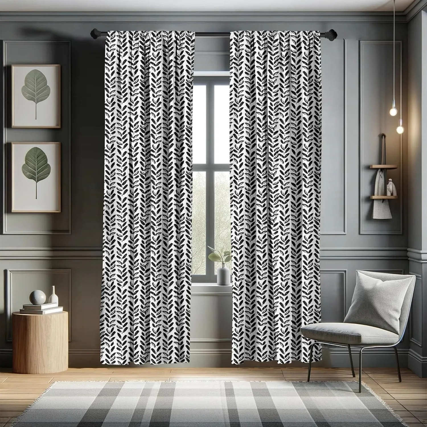 Ambesonne Black and White Window Curtains, Modern Grunge Botany Motif Monochrome Brush Paint Style Strokes, Lightweight Decor 2-Panel Set with Rod Pocket, Pair of - 28" x 63", White and Black