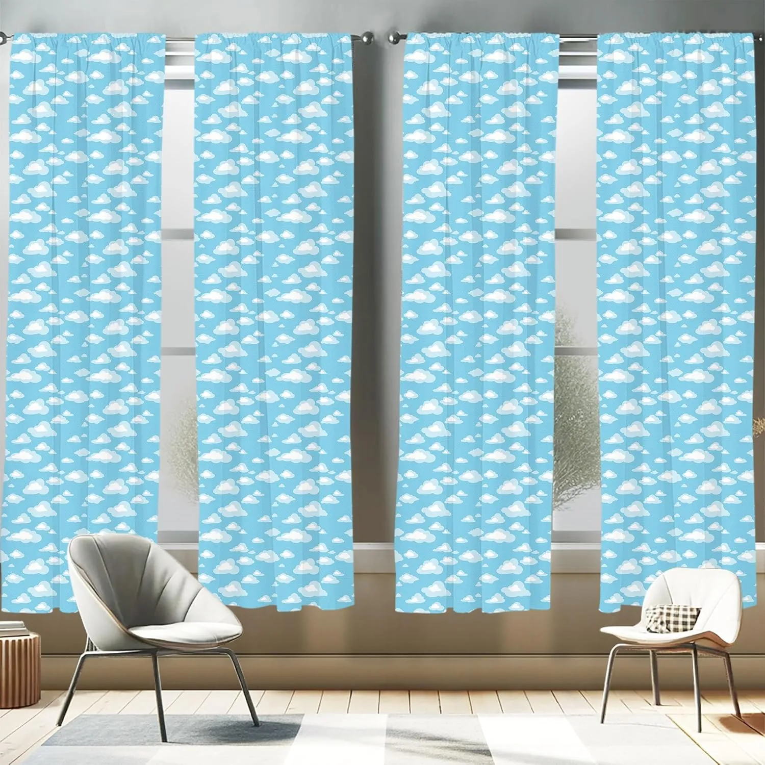 Ambesonne Blue and White Window Curtains Pack of 2, Cartoon Sky with Fluffy Clouds Clear Day Pattern, Lightweight Set with Rod Pocket, 4 Panels of - 28" x 84",Baby Blue