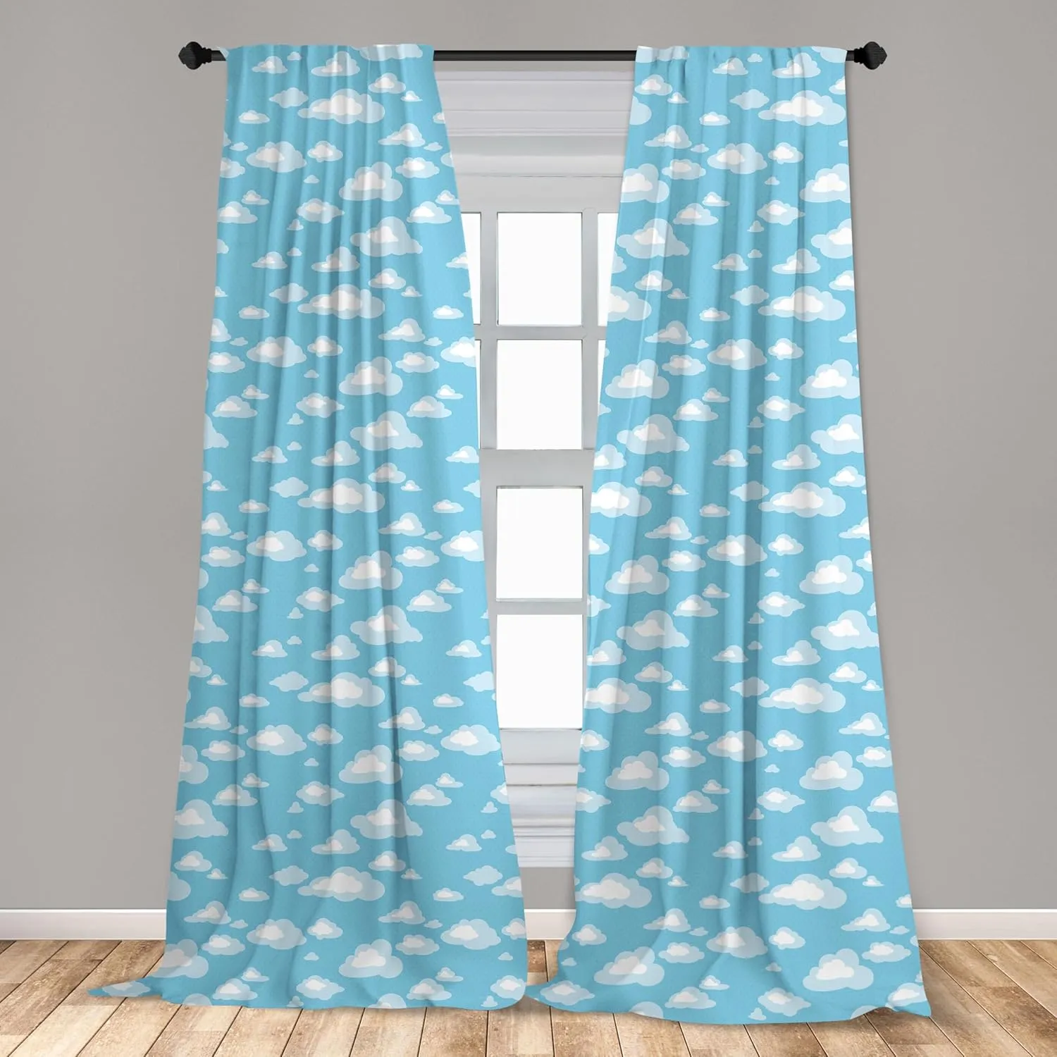 Ambesonne Blue and White Window Curtains Pack of 2, Cartoon Sky with Fluffy Clouds Clear Day Pattern, Lightweight Set with Rod Pocket, 4 Panels of - 28" x 84",Baby Blue