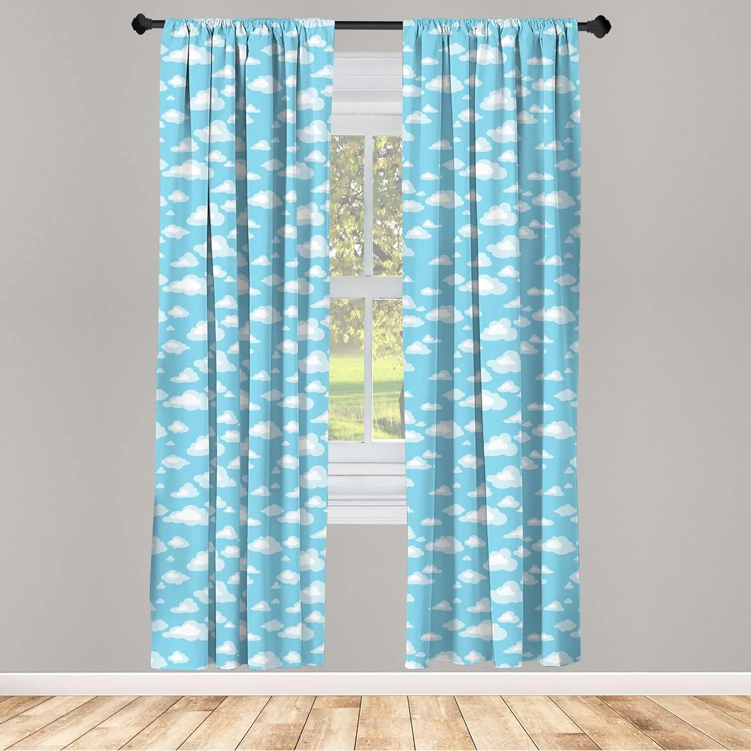 Ambesonne Blue and White Window Curtains Pack of 2, Cartoon Sky with Fluffy Clouds Clear Day Pattern, Lightweight Set with Rod Pocket, 4 Panels of - 28" x 84",Baby Blue