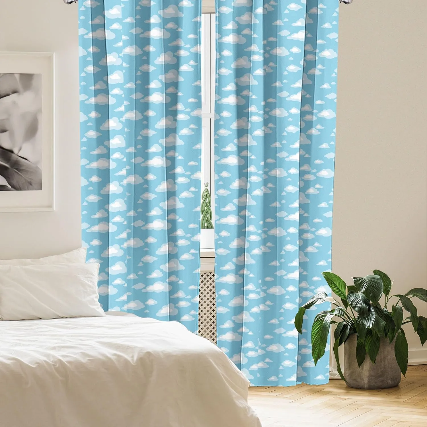 Ambesonne Blue and White Window Curtains Pack of 2, Cartoon Sky with Fluffy Clouds Clear Day Pattern, Lightweight Set with Rod Pocket, 4 Panels of - 28" x 84",Baby Blue