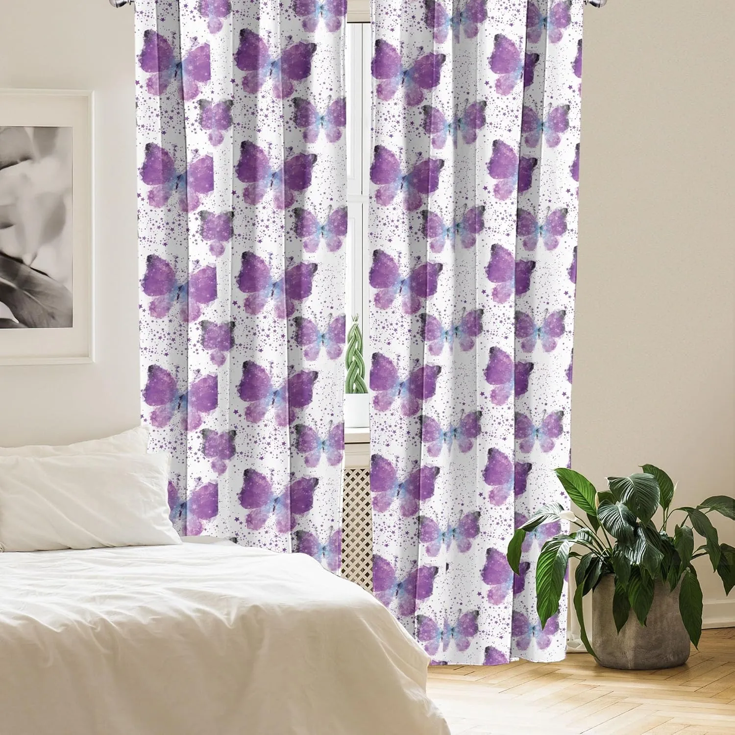 Ambesonne Butterfly Curtains, Surreal Star Patterned Background with Polygonal Butterflies Modern, Window Treatments 2 Panel Set for Living Room Bedroom, Pair of - 28" x 63", Blue Purple