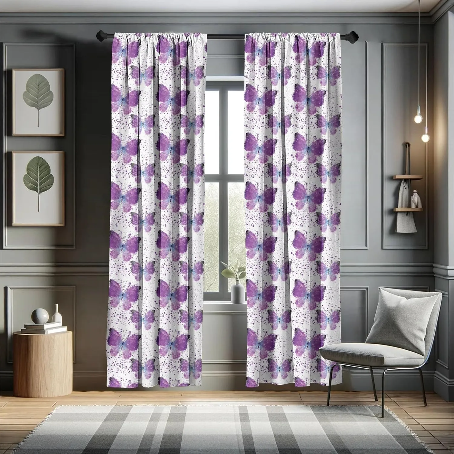 Ambesonne Butterfly Curtains, Surreal Star Patterned Background with Polygonal Butterflies Modern, Window Treatments 2 Panel Set for Living Room Bedroom, Pair of - 28" x 63", Blue Purple