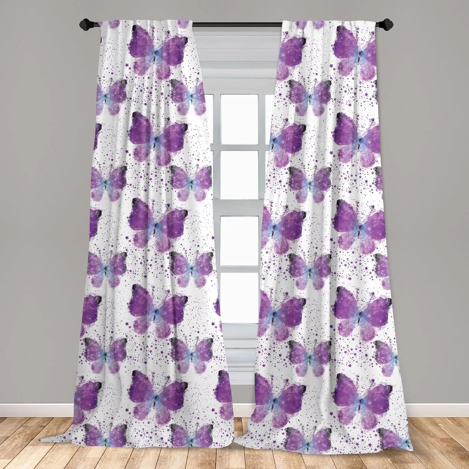 Ambesonne Butterfly Curtains, Surreal Star Patterned Background with Polygonal Butterflies Modern, Window Treatments 2 Panel Set for Living Room Bedroom, Pair of - 28" x 63", Blue Purple