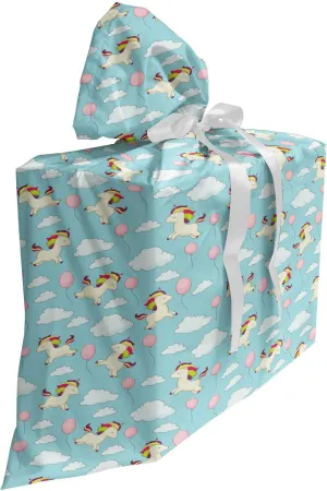 Ambesonne Cartoon Fabric Gift Bag, Unicorn with Rainbow Mane Flying Through Fluffy Clouds and Balloons, Present Sack for Parties Birthdays with 3 Ribbons, 27, Turquoise Multicolor
