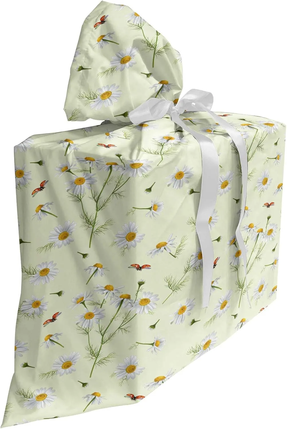 Ambesonne Daisy Gift Bag, Realistic Garden Botany Art with Chamomile Flowers and Buds with Flying Ladybugs, Fabric Party Favor Pouch with 3 Ribbons, 27, Multicolor