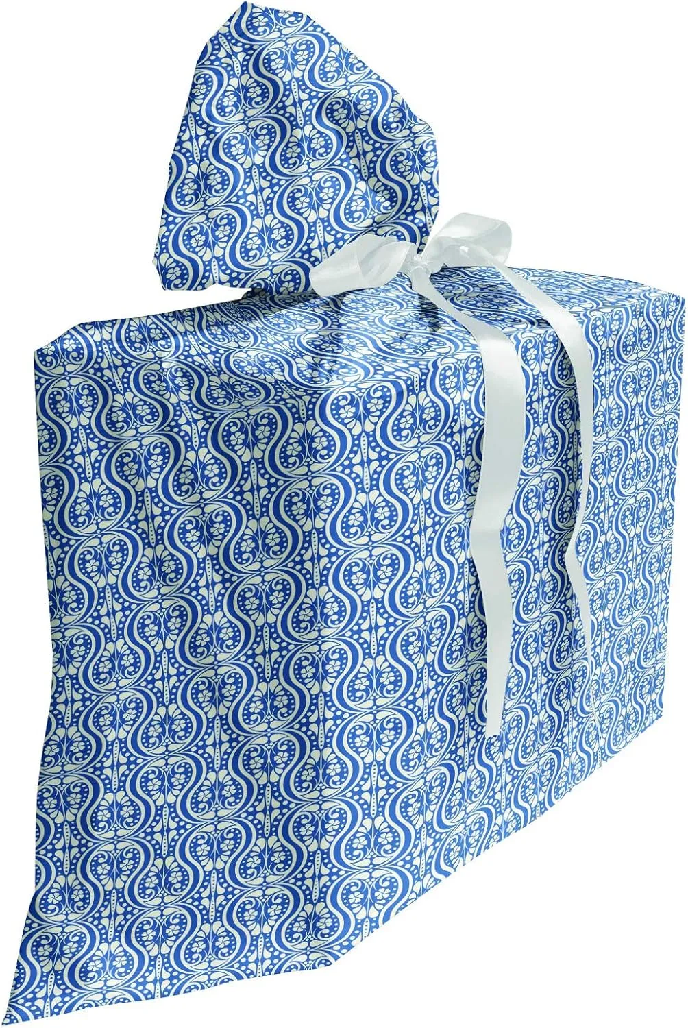 Ambesonne Damask Gift Bag, Symmetrical Flowers and Curls Wavy Lines Old Ornamental Curves Tile, Fabric Party Favor Pouch with 3 Ribbons, 27, Slate Blue Ivory