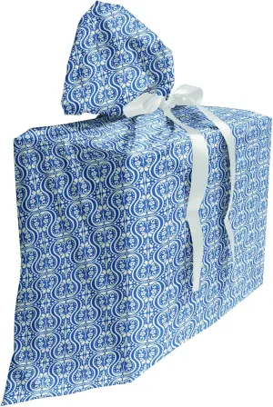 Ambesonne Damask Gift Bag, Symmetrical Flowers and Curls Wavy Lines Old Ornamental Curves Tile, Fabric Party Favor Pouch with 3 Ribbons, 27, Slate Blue Ivory