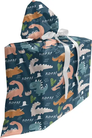 Ambesonne Dinosaur Fabric Gift Bag, Repeating Roar Funny Archaic Creatures Having Fun Cartoon Jurassic Style Drawing, Present Sack for Parties Birthdays with 3 Ribbons, 27, Multicolor