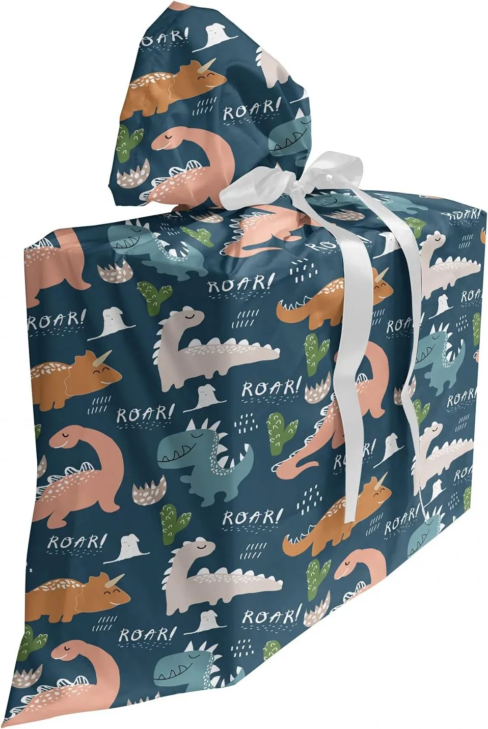 Ambesonne Dinosaur Fabric Gift Bag, Repeating Roar Funny Archaic Creatures Having Fun Cartoon Jurassic Style Drawing, Present Sack for Parties Birthdays with 3 Ribbons, 27, Multicolor