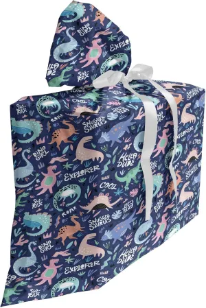Ambesonne Dinosaur Gift Bag, Cartoonish Abstract Extinct Animals She-rex Dino Girl, Fabric Party Favor Pouch with 3 Ribbons, 27, Dark Indigo and Multicolor