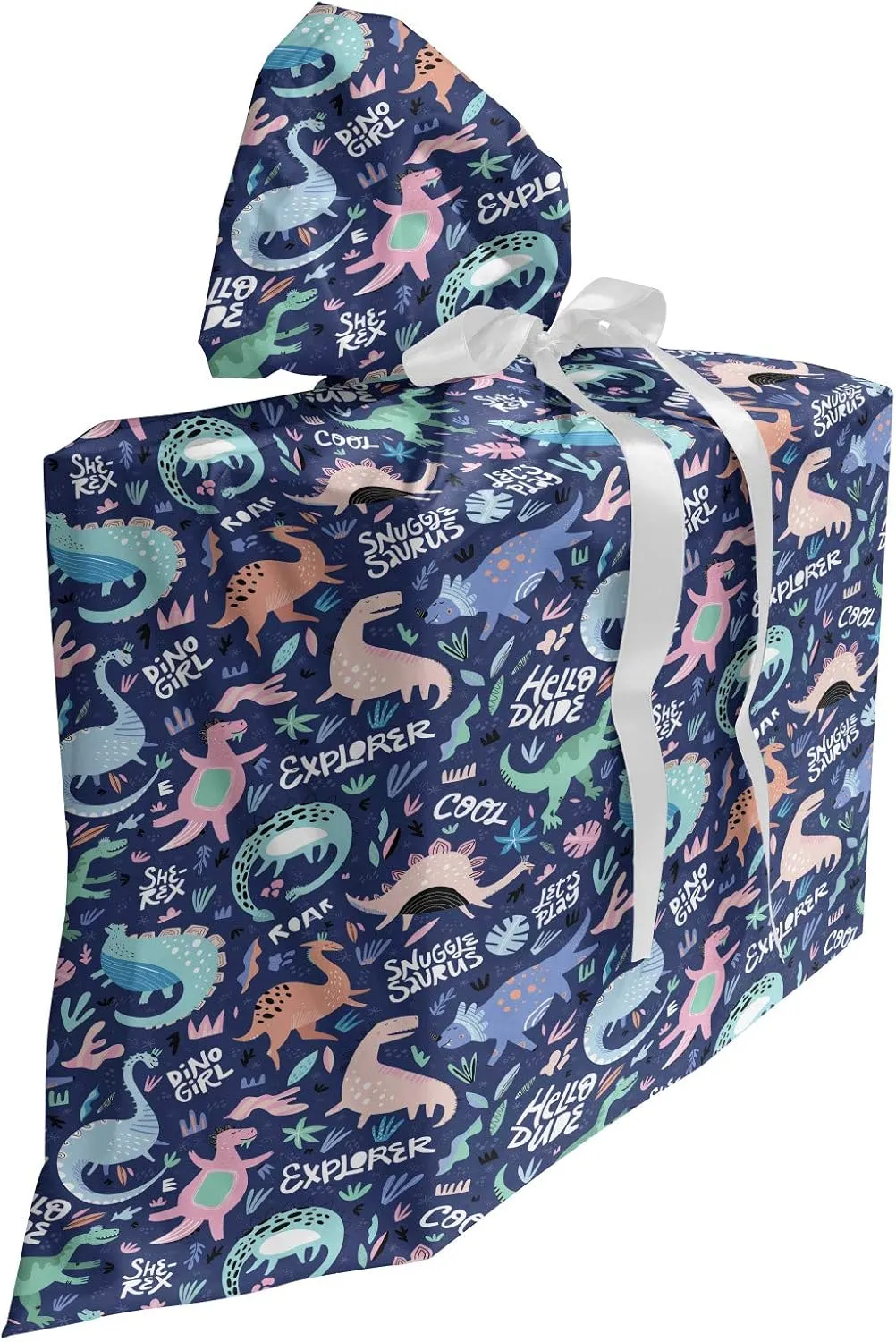 Ambesonne Dinosaur Gift Bag, Cartoonish Abstract Extinct Animals She-rex Dino Girl, Fabric Party Favor Pouch with 3 Ribbons, 27, Dark Indigo and Multicolor