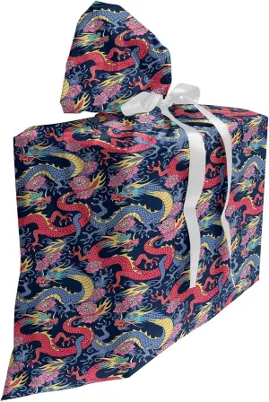Ambesonne Dragon Fabric Gift Bag, Highly Ornamented and Detailed Interpretations with Curves and Flowers, Present Sack for Parties Birthdays with 3 Ribbons, 27, Multicolor
