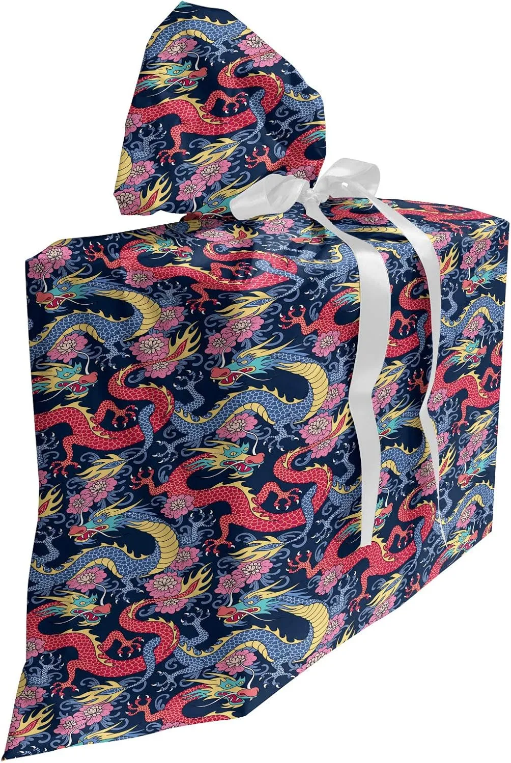 Ambesonne Dragon Fabric Gift Bag, Highly Ornamented and Detailed Interpretations with Curves and Flowers, Present Sack for Parties Birthdays with 3 Ribbons, 27, Multicolor