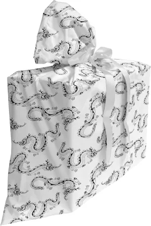 Ambesonne Dragon Gift Bag, Repetitive and Long Motifs Cultural Representative Art Print, Fabric Party Favor Pouch with 3 Ribbons, 27, Charcoal Grey and White