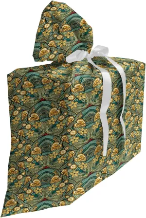 Ambesonne Ethnic Fabric Gift Bag, Ornamental Illustration of Hand Drawn Like Oriental Mandala Vintage Layout, Present Sack for Parties Birthdays with 3 Ribbons, 27, Laurel Green Mustard