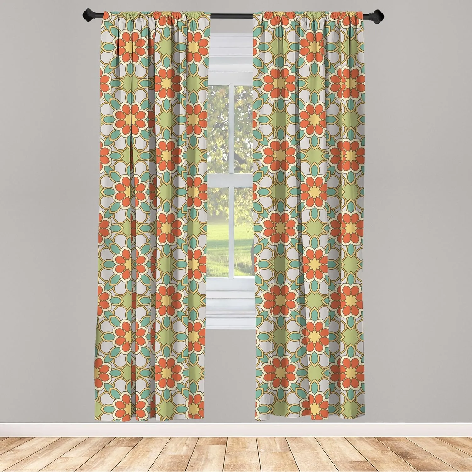 Ambesonne Floral Curtains, Print of Rhythmic Abstract Nostalgic 60's Flowers Petals Blossoms in Retro Tones, Window Treatments 2 Panel Set for Living Room Bedroom, Pair of - 28" x 84", Multicolor