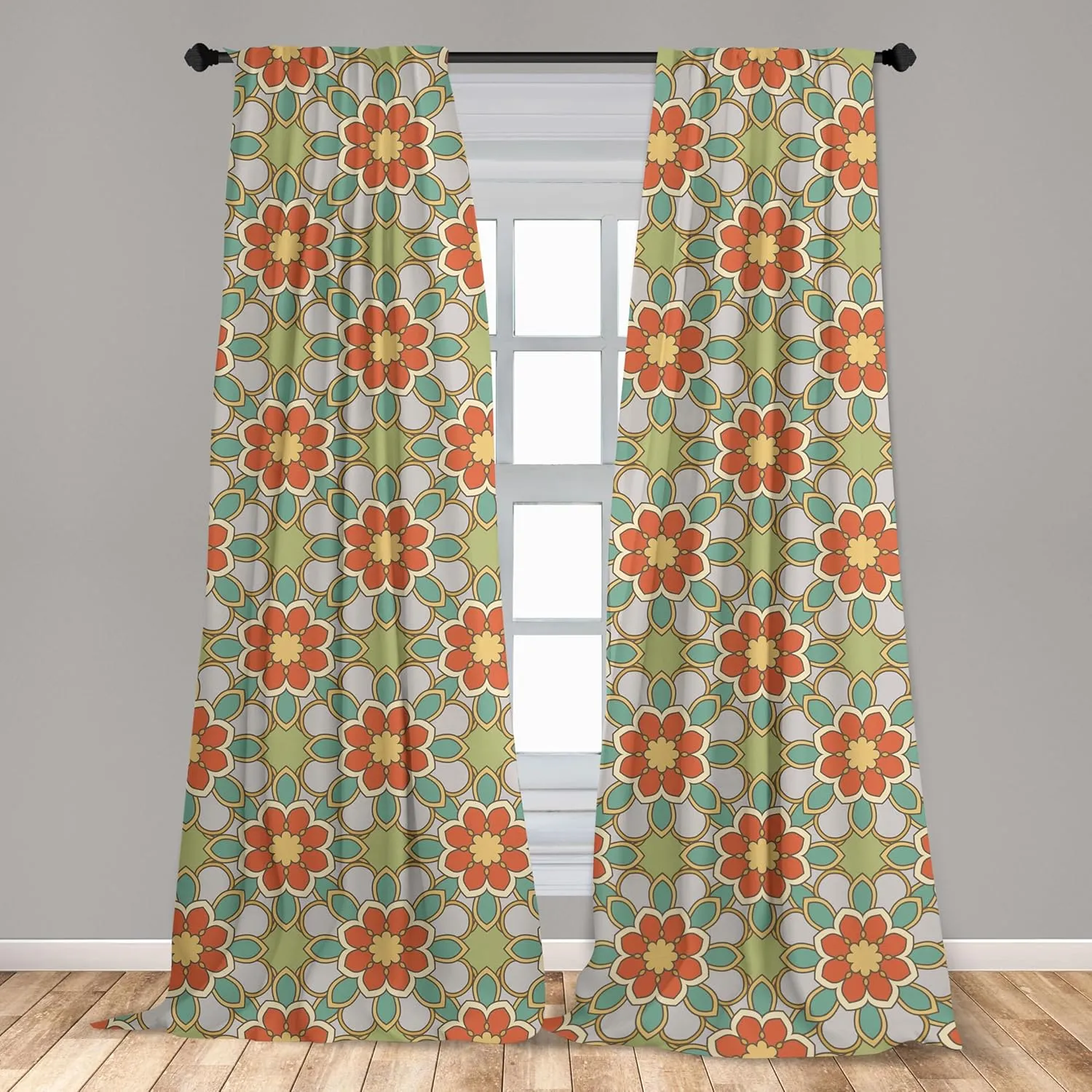 Ambesonne Floral Curtains, Print of Rhythmic Abstract Nostalgic 60's Flowers Petals Blossoms in Retro Tones, Window Treatments 2 Panel Set for Living Room Bedroom, Pair of - 28" x 84", Multicolor