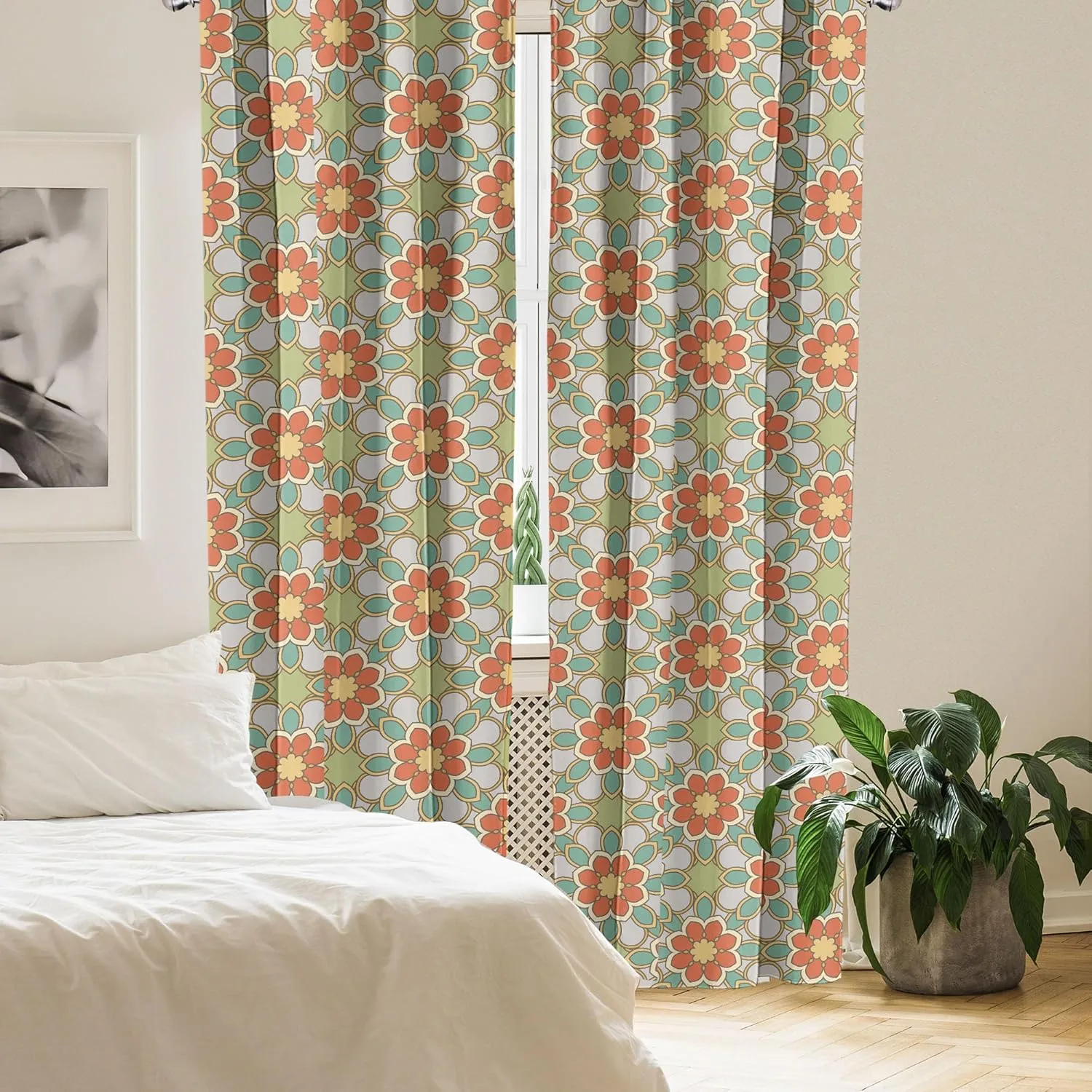 Ambesonne Floral Curtains, Print of Rhythmic Abstract Nostalgic 60's Flowers Petals Blossoms in Retro Tones, Window Treatments 2 Panel Set for Living Room Bedroom, Pair of - 28" x 84", Multicolor